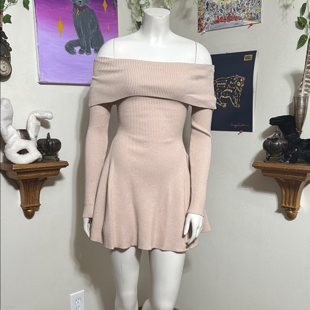 Cream Off-Shoulder Long Sleeve Fit and Flare Dress